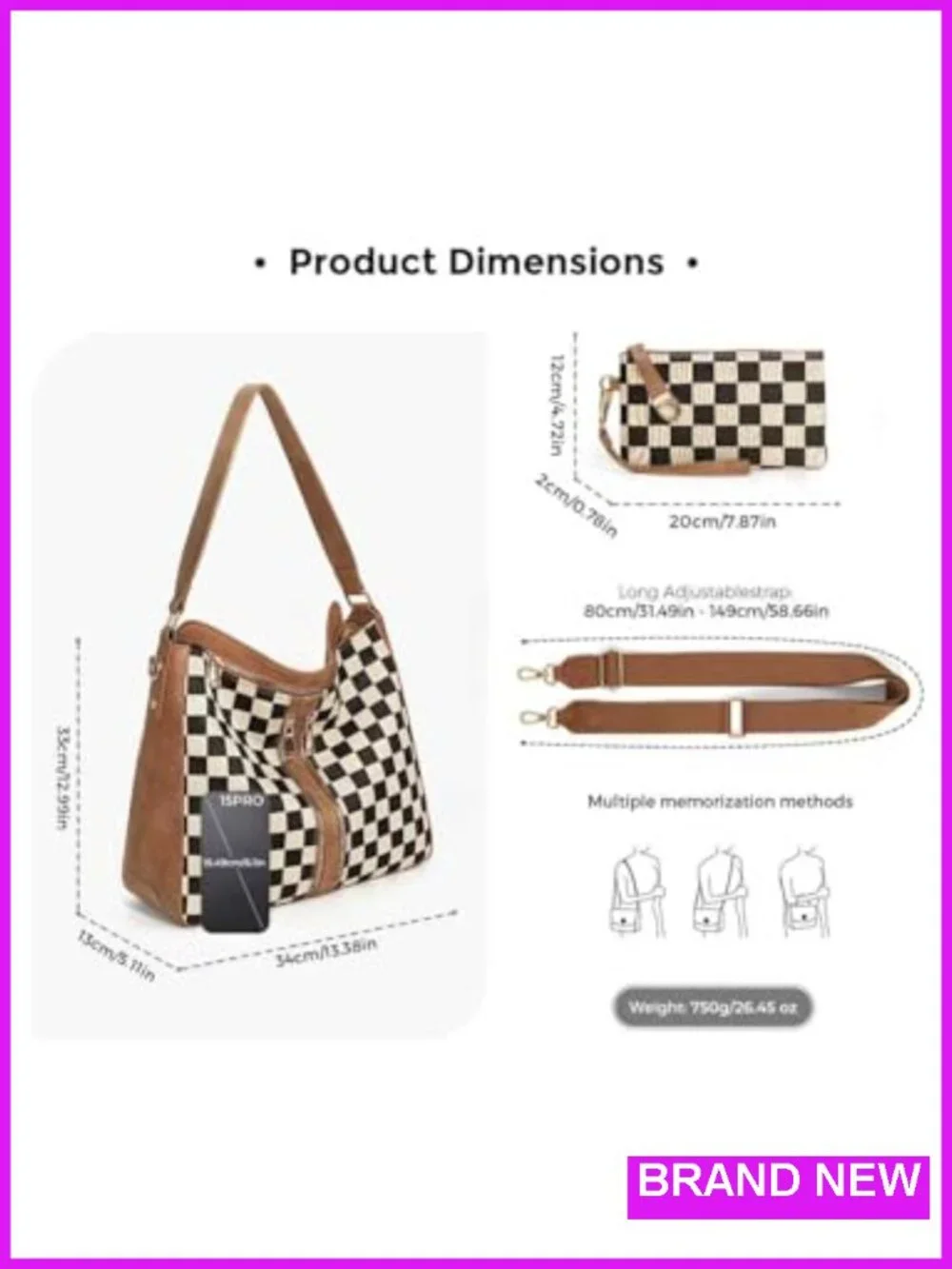 PU Leather Canvas Checkered Hobo Tote Crossbody Bag with Adjustable Strap